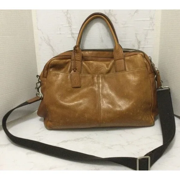 Fossil Messenger Computer Distressed Leather Laptop Shoulder Strap Brown Tan - Picture 1 of 9